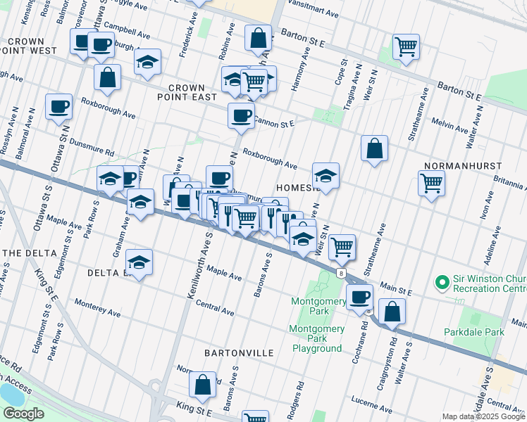 map of restaurants, bars, coffee shops, grocery stores, and more near 39 Cameron Avenue North in Hamilton
