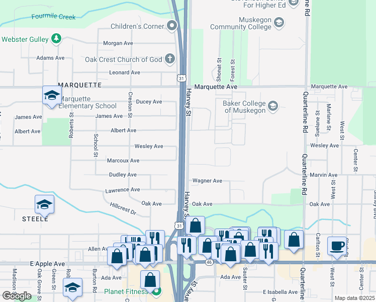 map of restaurants, bars, coffee shops, grocery stores, and more near 630 Harvey Street in Muskegon