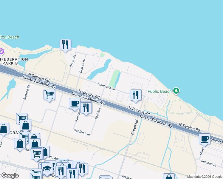 map of restaurants, bars, coffee shops, grocery stores, and more near 44 Frances Avenue in Hamilton