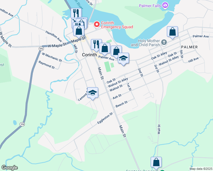 map of restaurants, bars, coffee shops, grocery stores, and more near 354 Main Street in Corinth