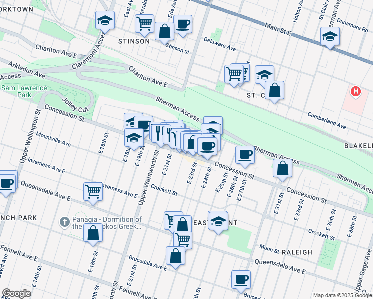 map of restaurants, bars, coffee shops, grocery stores, and more near 555 Concession Street in Hamilton