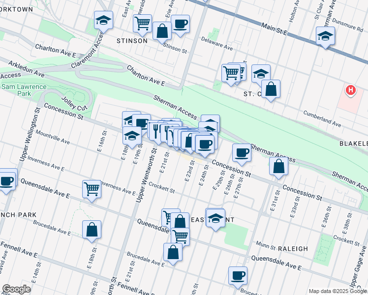 map of restaurants, bars, coffee shops, grocery stores, and more near 555 Concession Street in Hamilton
