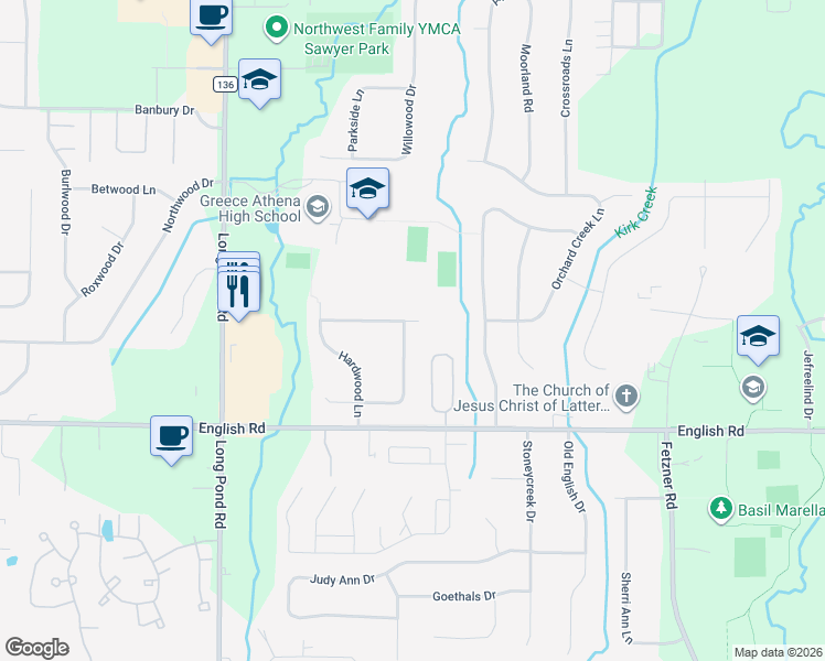 map of restaurants, bars, coffee shops, grocery stores, and more near 98 Cider Creek Lane in Rochester
