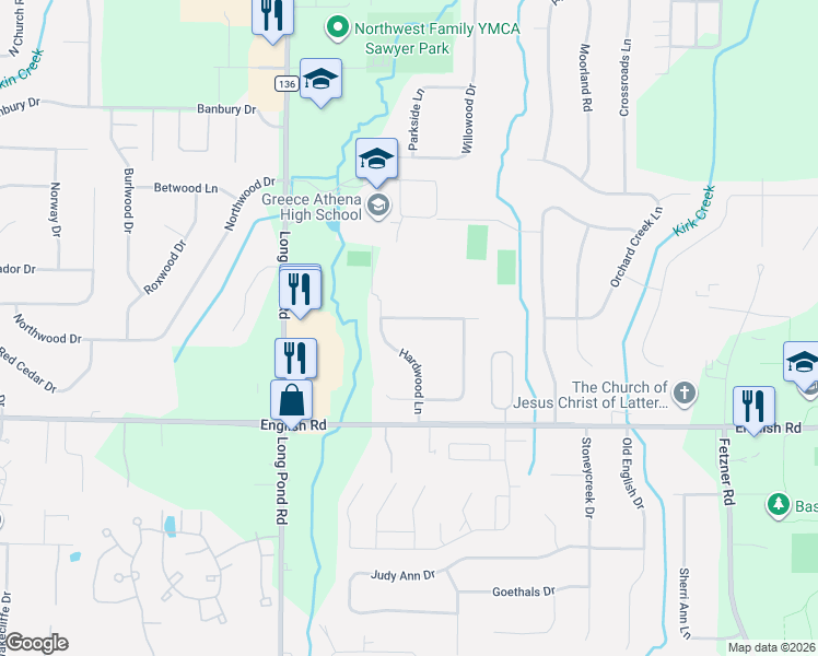 map of restaurants, bars, coffee shops, grocery stores, and more near 66 Hardwood Lane in Rochester