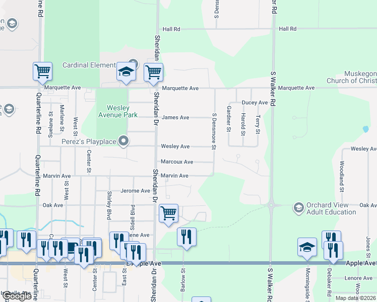 map of restaurants, bars, coffee shops, grocery stores, and more near 2523 Marcoux Avenue in Muskegon
