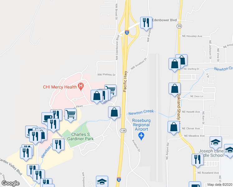 map of restaurants, bars, coffee shops, grocery stores, and more near 2708 Edenbower Blvd in Roseburg
