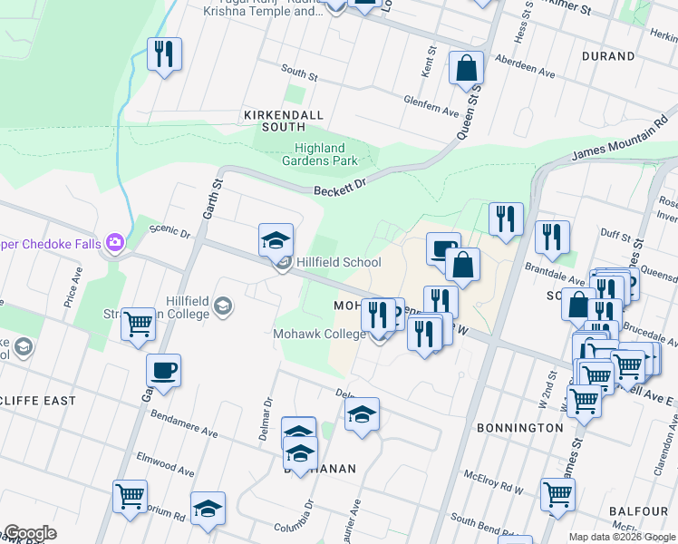 map of restaurants, bars, coffee shops, grocery stores, and more near 282 Fennell Avenue West in Hamilton