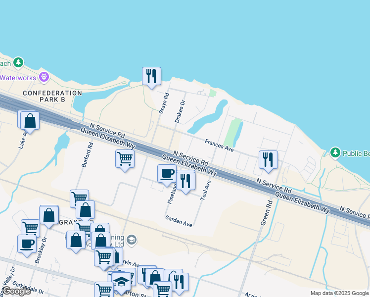 map of restaurants, bars, coffee shops, grocery stores, and more near 71 Pinelands Avenue in Hamilton