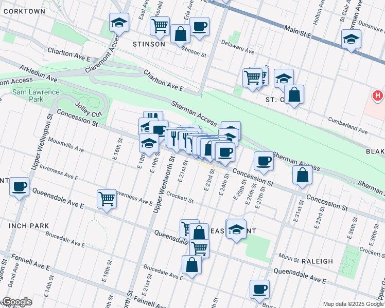 map of restaurants, bars, coffee shops, grocery stores, and more near 555 Concession Street in Hamilton
