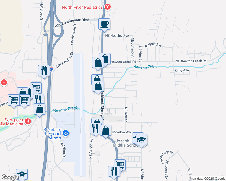 map of restaurants, bars, coffee shops, grocery stores, and more near 2651 Northeast Stephens Street in Roseburg