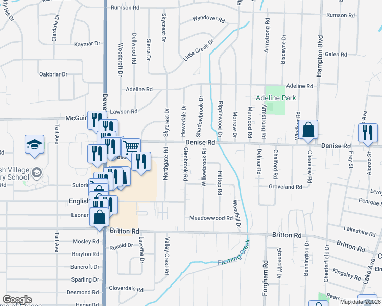 map of restaurants, bars, coffee shops, grocery stores, and more near 856 Denise Road in Rochester