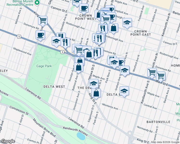 map of restaurants, bars, coffee shops, grocery stores, and more near in Hamilton