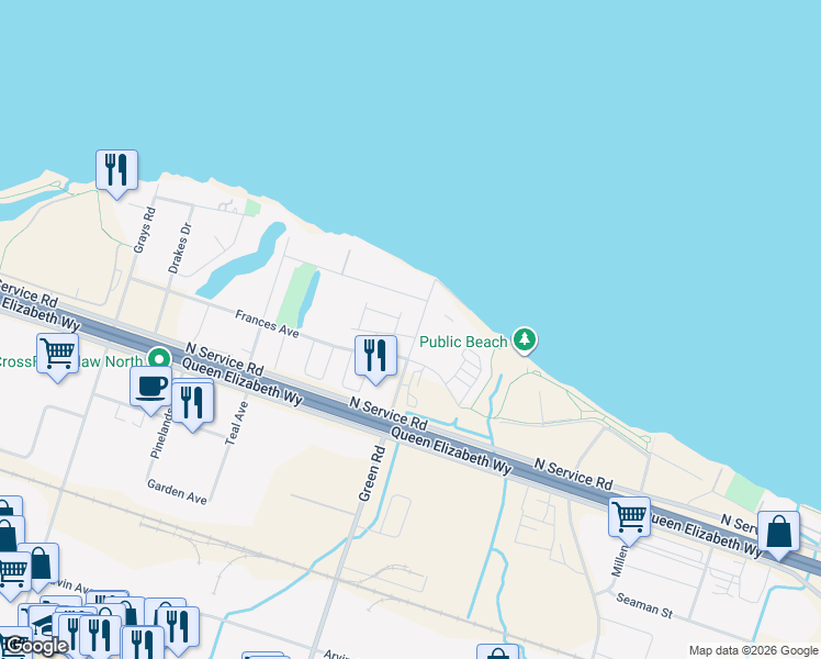 map of restaurants, bars, coffee shops, grocery stores, and more near 54 Church Street in Hamilton