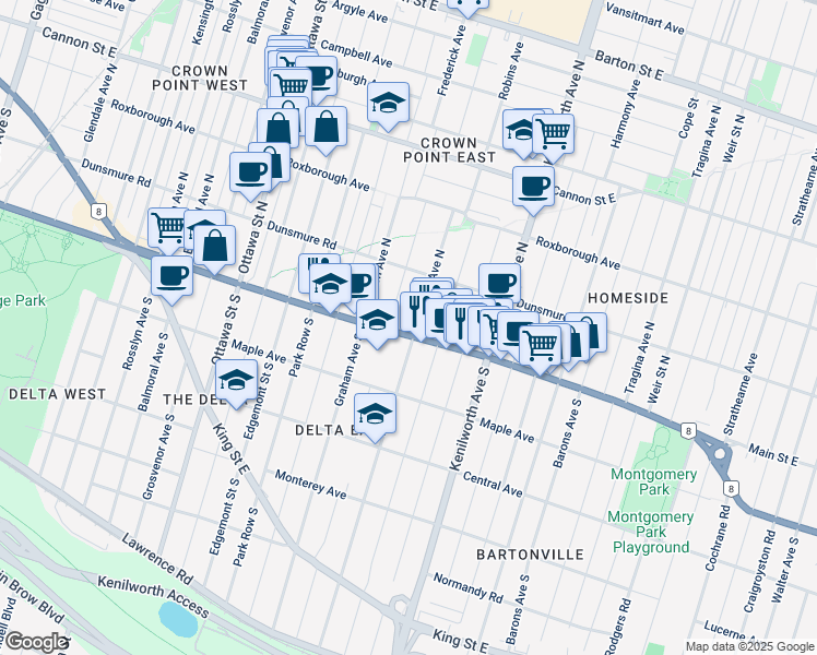map of restaurants, bars, coffee shops, grocery stores, and more near in Hamilton