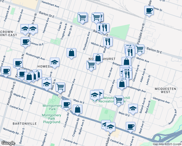 map of restaurants, bars, coffee shops, grocery stores, and more near 150 Normanhurst Avenue in Hamilton