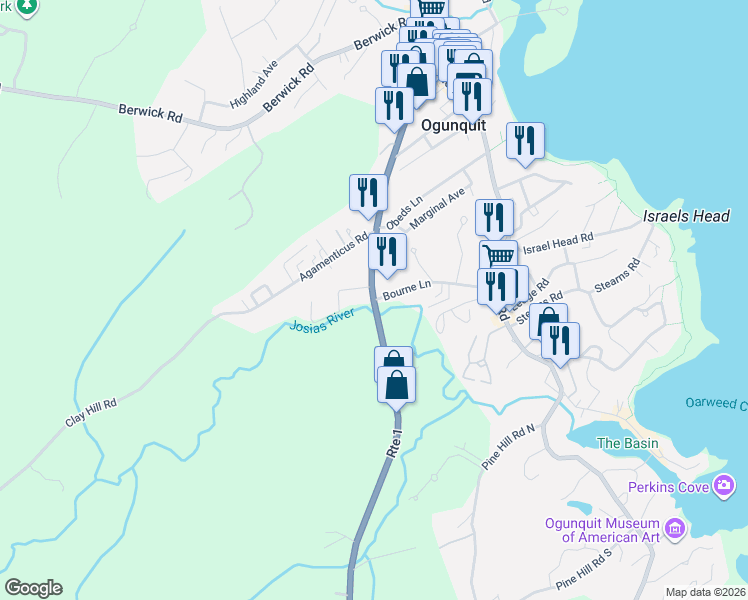 map of restaurants, bars, coffee shops, grocery stores, and more near 54 Main Street in Ogunquit