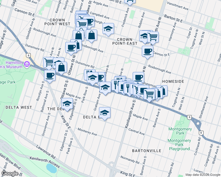 map of restaurants, bars, coffee shops, grocery stores, and more near 1311 Main Street East in Hamilton