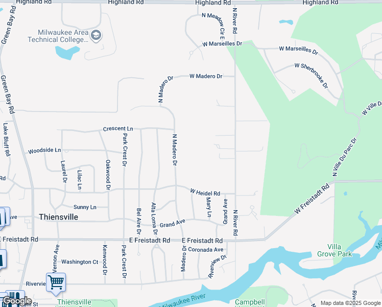 map of restaurants, bars, coffee shops, grocery stores, and more near 12302 North Madero Drive in Mequon