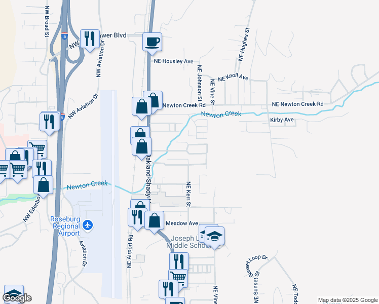 map of restaurants, bars, coffee shops, grocery stores, and more near 99 Northeast Athena Lane in Roseburg