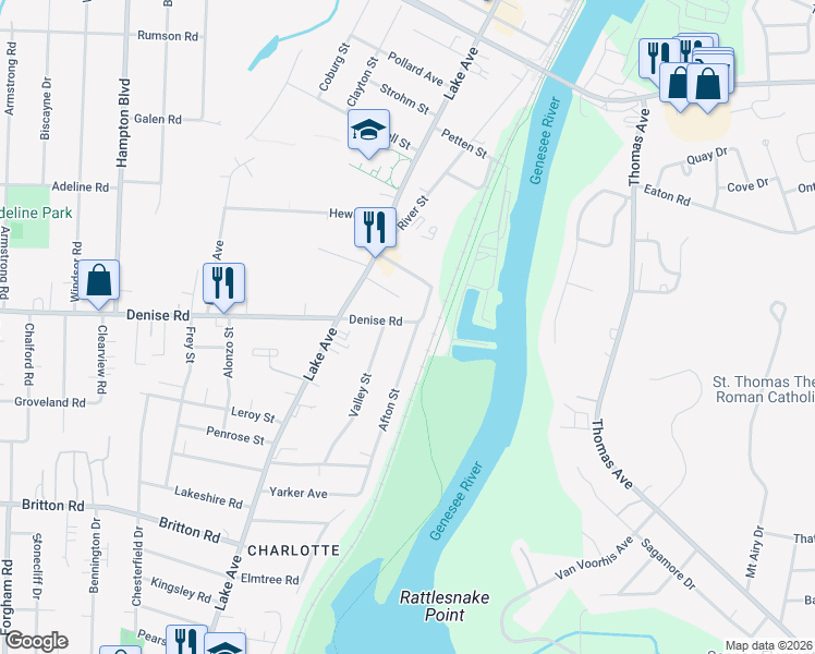 map of restaurants, bars, coffee shops, grocery stores, and more near 19 Hughes Place in Rochester