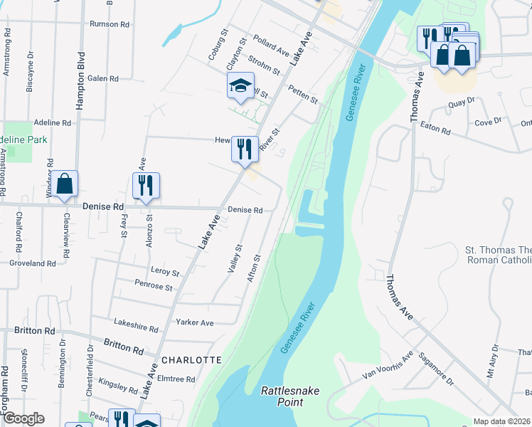 map of restaurants, bars, coffee shops, grocery stores, and more near 19 Hughes Place in Rochester