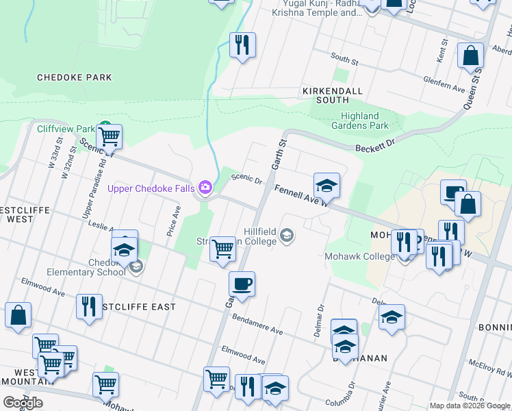 map of restaurants, bars, coffee shops, grocery stores, and more near 380 Denlow Avenue in Hamilton