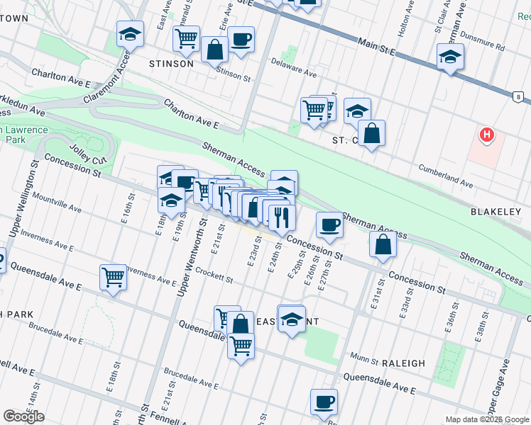 map of restaurants, bars, coffee shops, grocery stores, and more near 29 Cliff Avenue in Hamilton