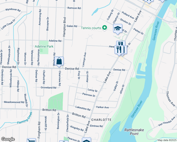 map of restaurants, bars, coffee shops, grocery stores, and more near 4 Alonzo Street in Rochester