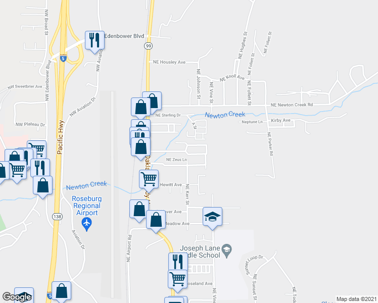 map of restaurants, bars, coffee shops, grocery stores, and more near 113 Northeast Athena Lane in Roseburg