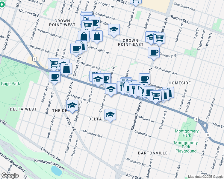 map of restaurants, bars, coffee shops, grocery stores, and more near 1305 Main Street East in Hamilton