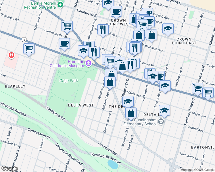 map of restaurants, bars, coffee shops, grocery stores, and more near in Hamilton