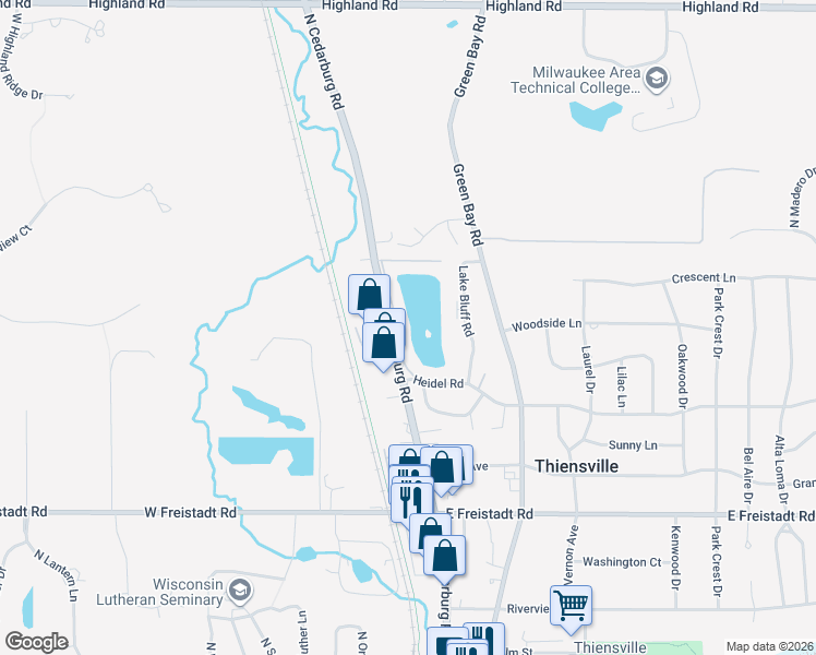 map of restaurants, bars, coffee shops, grocery stores, and more near 600 Laurel Lake Road in Thiensville