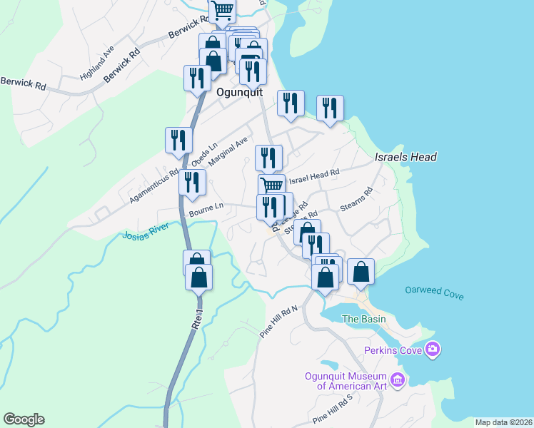 map of restaurants, bars, coffee shops, grocery stores, and more near 12 Bourne Lane in Ogunquit