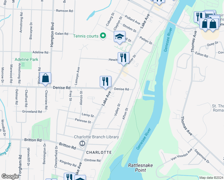 map of restaurants, bars, coffee shops, grocery stores, and more near 3898 Lake Avenue in Rochester