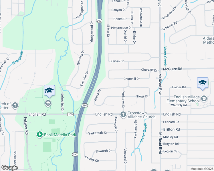 map of restaurants, bars, coffee shops, grocery stores, and more near 333 Churchill Drive in Rochester