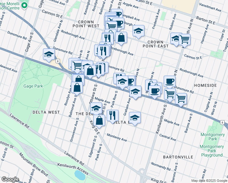 map of restaurants, bars, coffee shops, grocery stores, and more near 1217 Main Street East in Hamilton