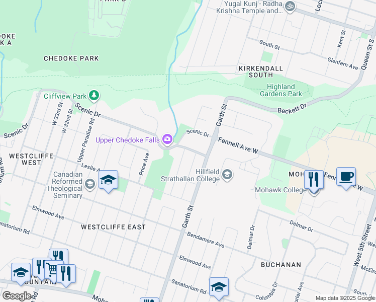 map of restaurants, bars, coffee shops, grocery stores, and more near 404 Denlow Avenue in Hamilton