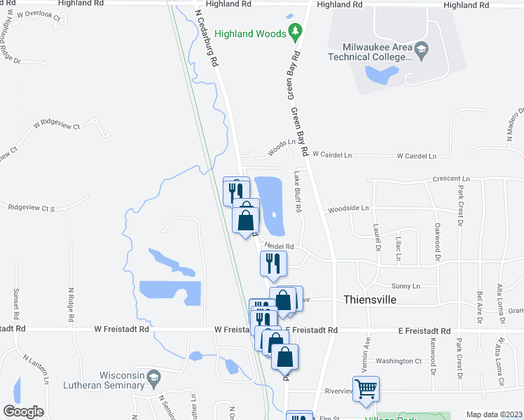 map of restaurants, bars, coffee shops, grocery stores, and more near 600 Laurel Lake Road in Thiensville