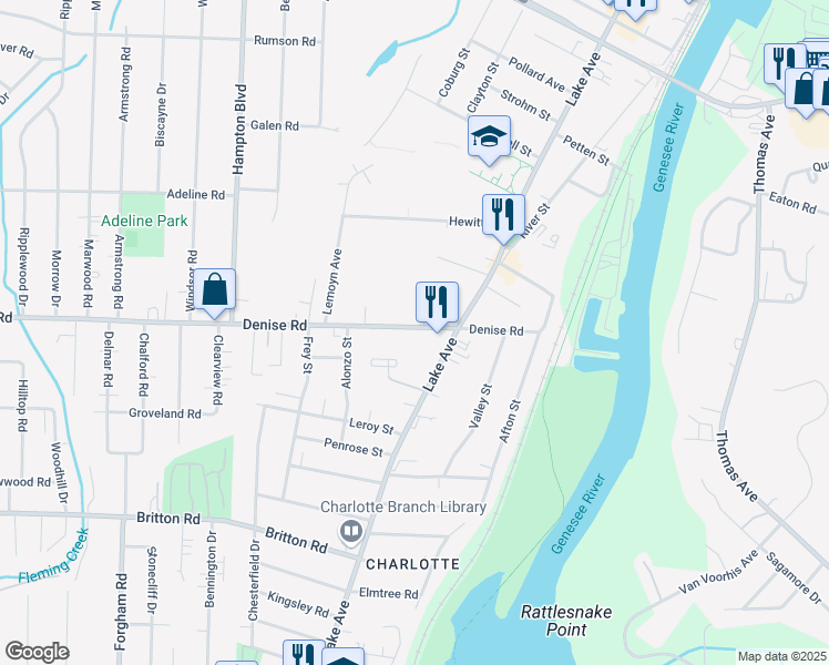 map of restaurants, bars, coffee shops, grocery stores, and more near 195 Denise Road in Rochester