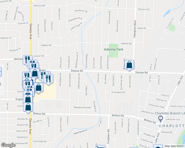 map of restaurants, bars, coffee shops, grocery stores, and more near 679 Denise Road in Rochester