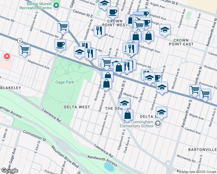 map of restaurants, bars, coffee shops, grocery stores, and more near 1383 King Street East in Hamilton