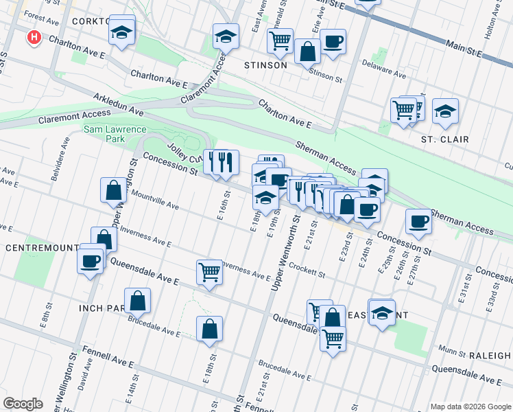 map of restaurants, bars, coffee shops, grocery stores, and more near 20 East 18th Street in Hamilton