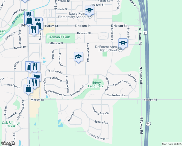 map of restaurants, bars, coffee shops, grocery stores, and more near 508 Yorktown Road in DeForest