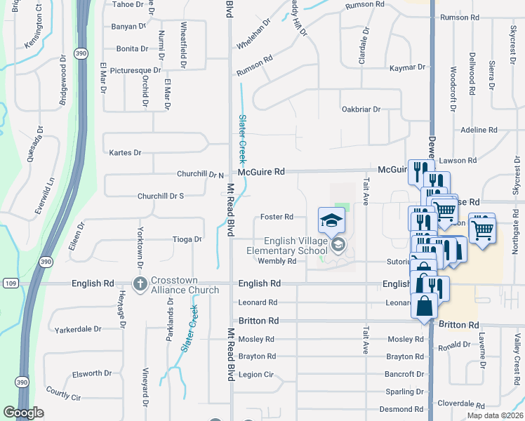 map of restaurants, bars, coffee shops, grocery stores, and more near 64 Foster Road in Rochester
