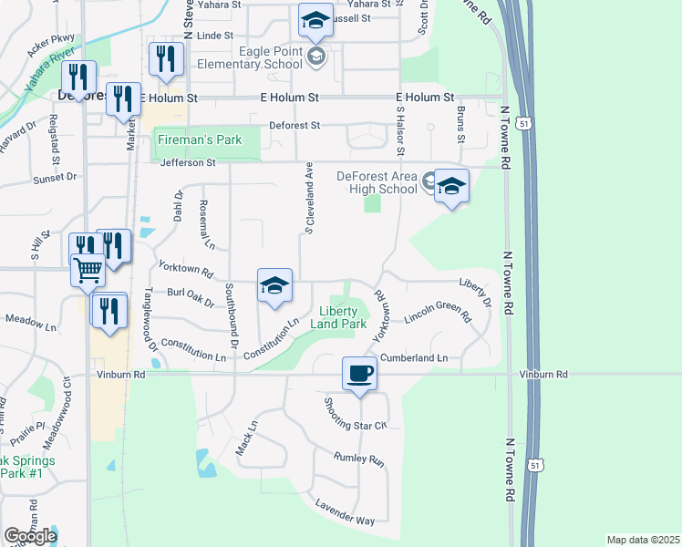 map of restaurants, bars, coffee shops, grocery stores, and more near 508 Yorktown Road in DeForest
