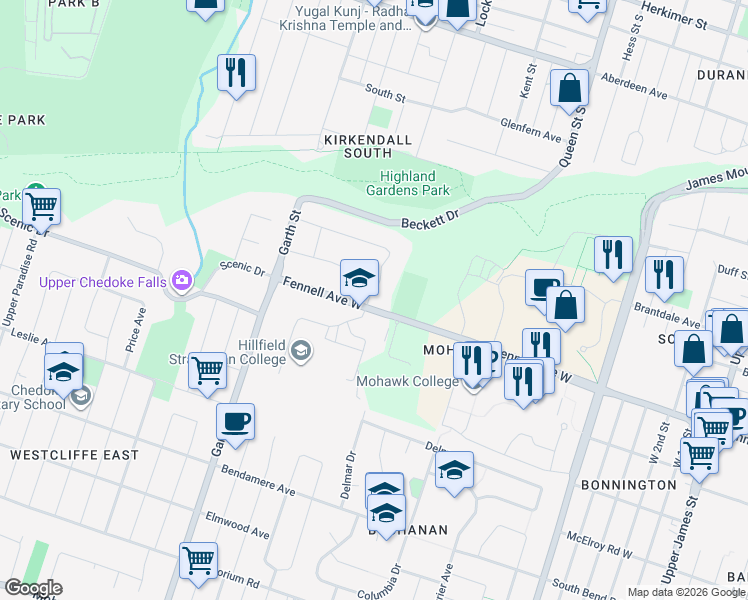 map of restaurants, bars, coffee shops, grocery stores, and more near 87 Auchmar Road in Hamilton