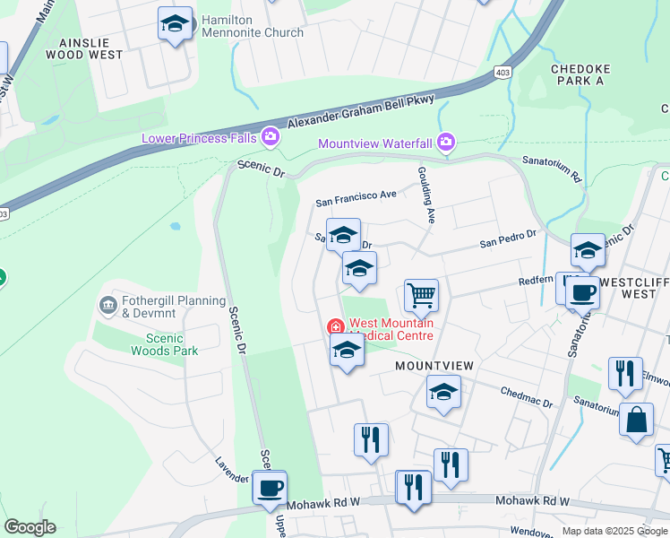 map of restaurants, bars, coffee shops, grocery stores, and more near 26 San Antonio Drive in Hamilton