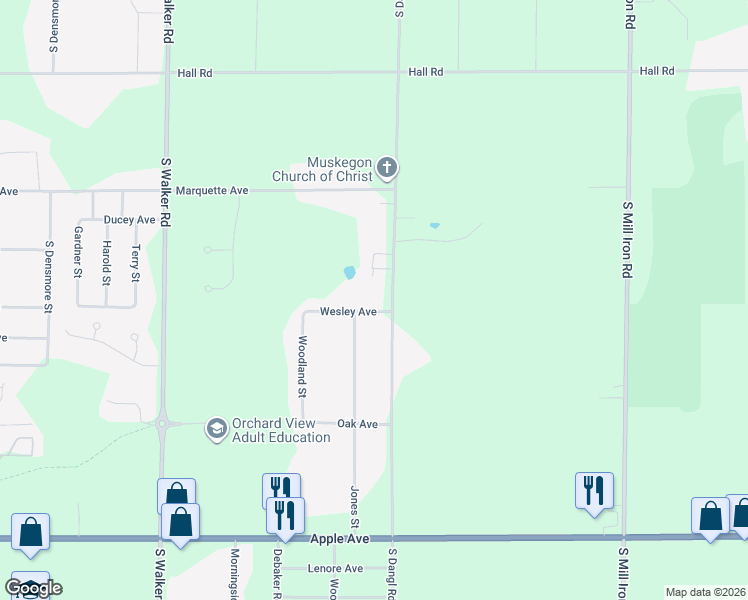 map of restaurants, bars, coffee shops, grocery stores, and more near 591 South Dangl Road in Muskegon