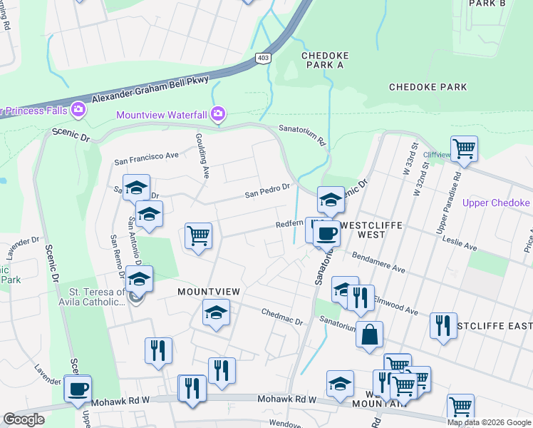 map of restaurants, bars, coffee shops, grocery stores, and more near 35 Hepburn Crescent in Hamilton