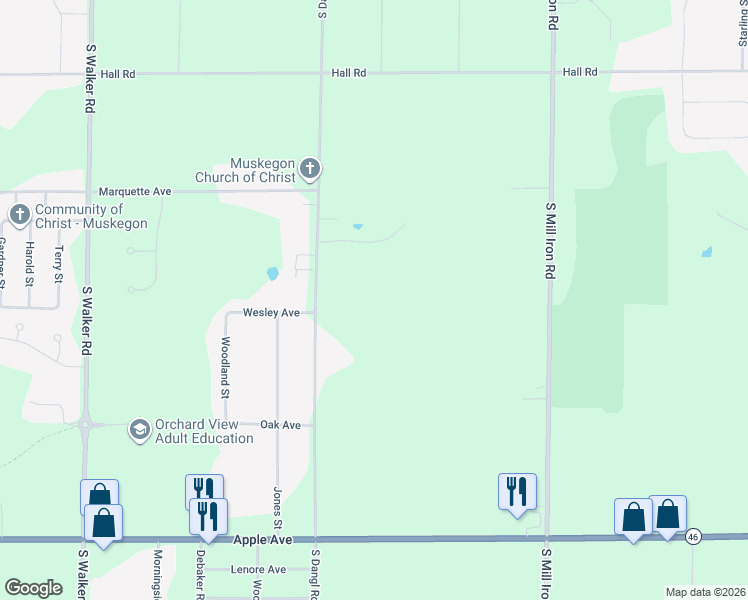 map of restaurants, bars, coffee shops, grocery stores, and more near 566 South Dangl Road in Muskegon